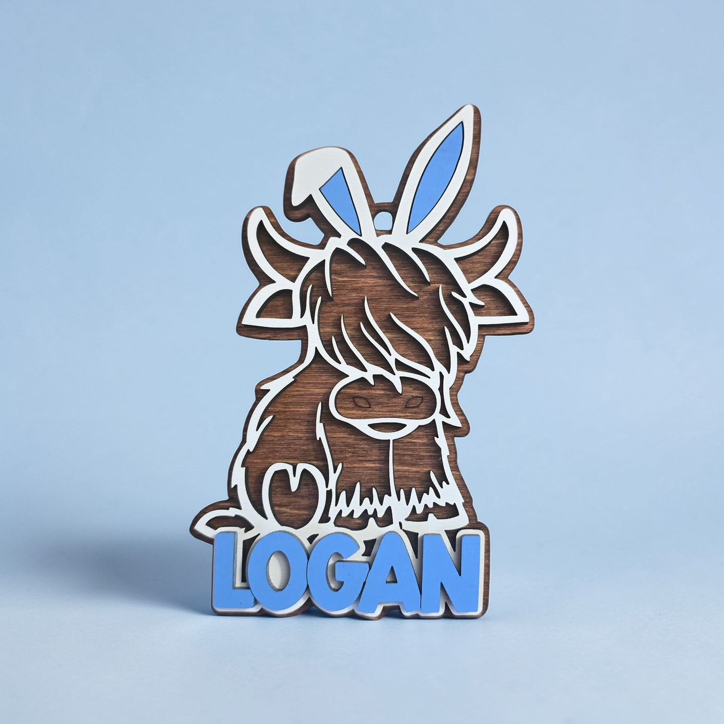 Highland Cow Easter Bunny basket tag ornament personalized