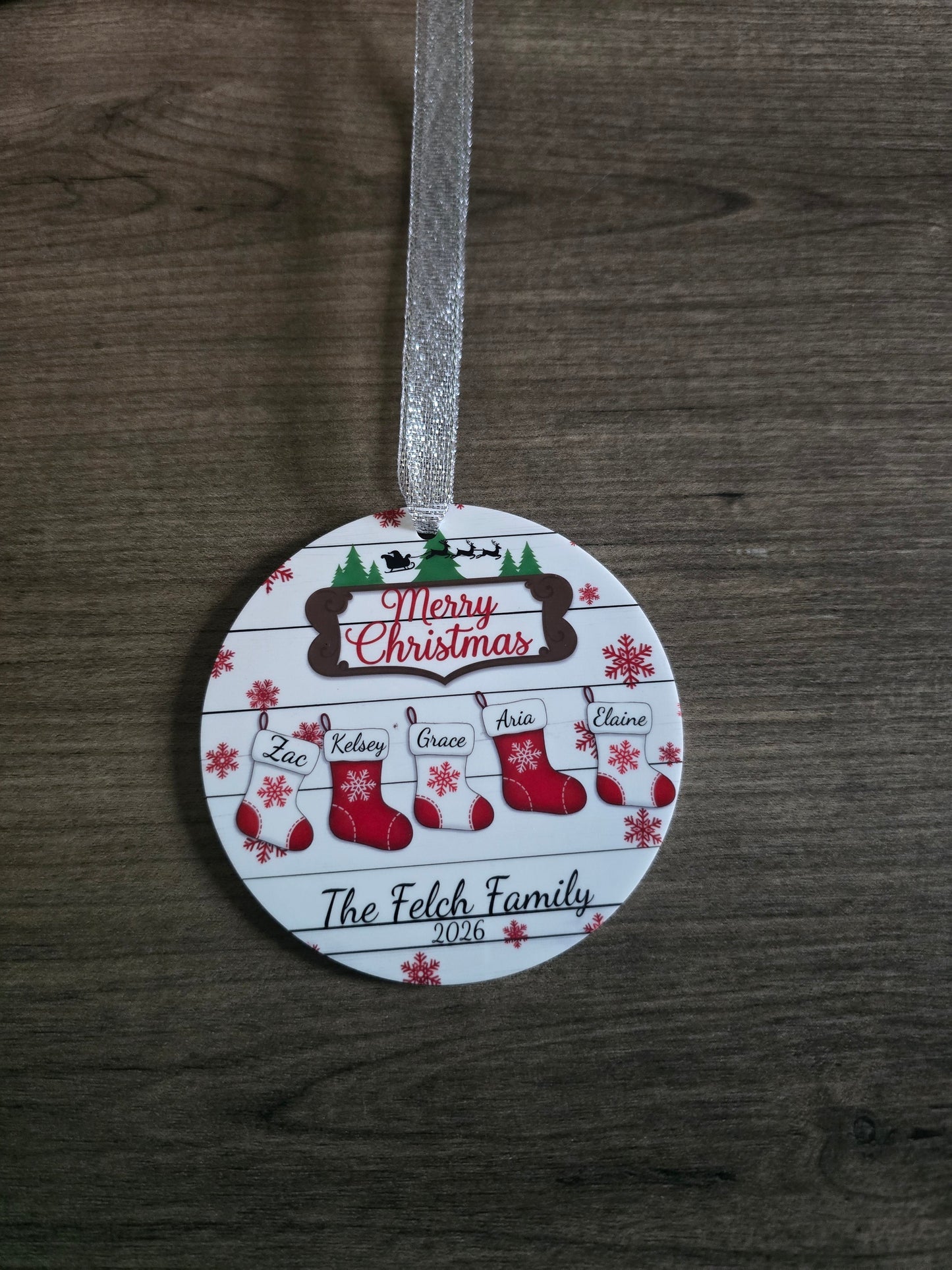 UV printed Merry Christmas with red & white stockings Ornament acrylic personalized up to 8 stockings