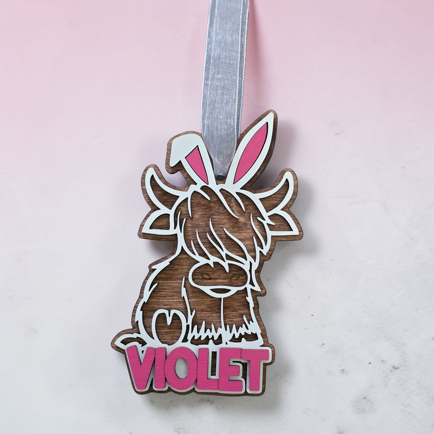 Highland Cow Easter Bunny basket tag ornament personalized