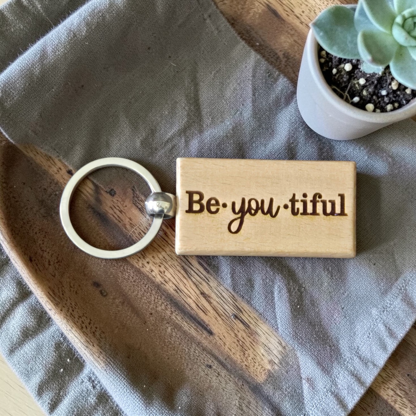 Be•you•tiful double sided wooden keychain