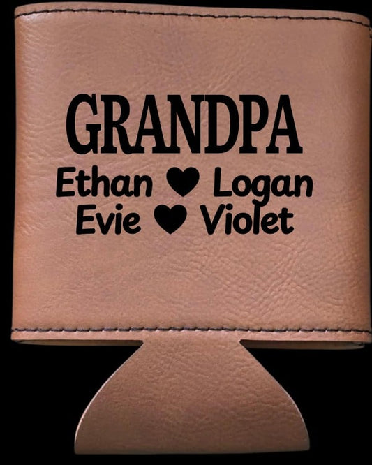 Grandpa Dad with kids names with hearts Leatherette Koozies Personalized