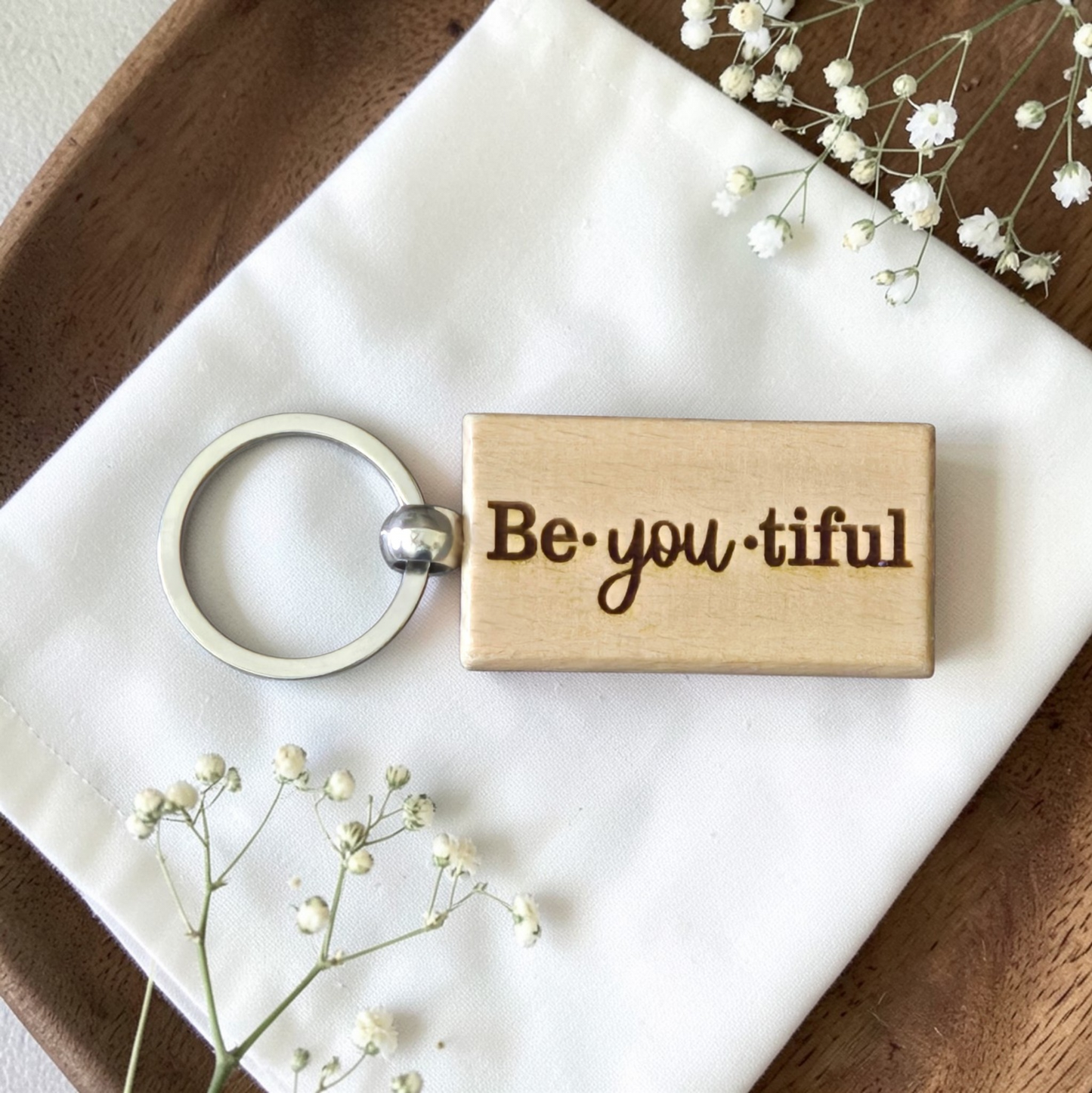 Be•you•tiful double sided wooden keychain