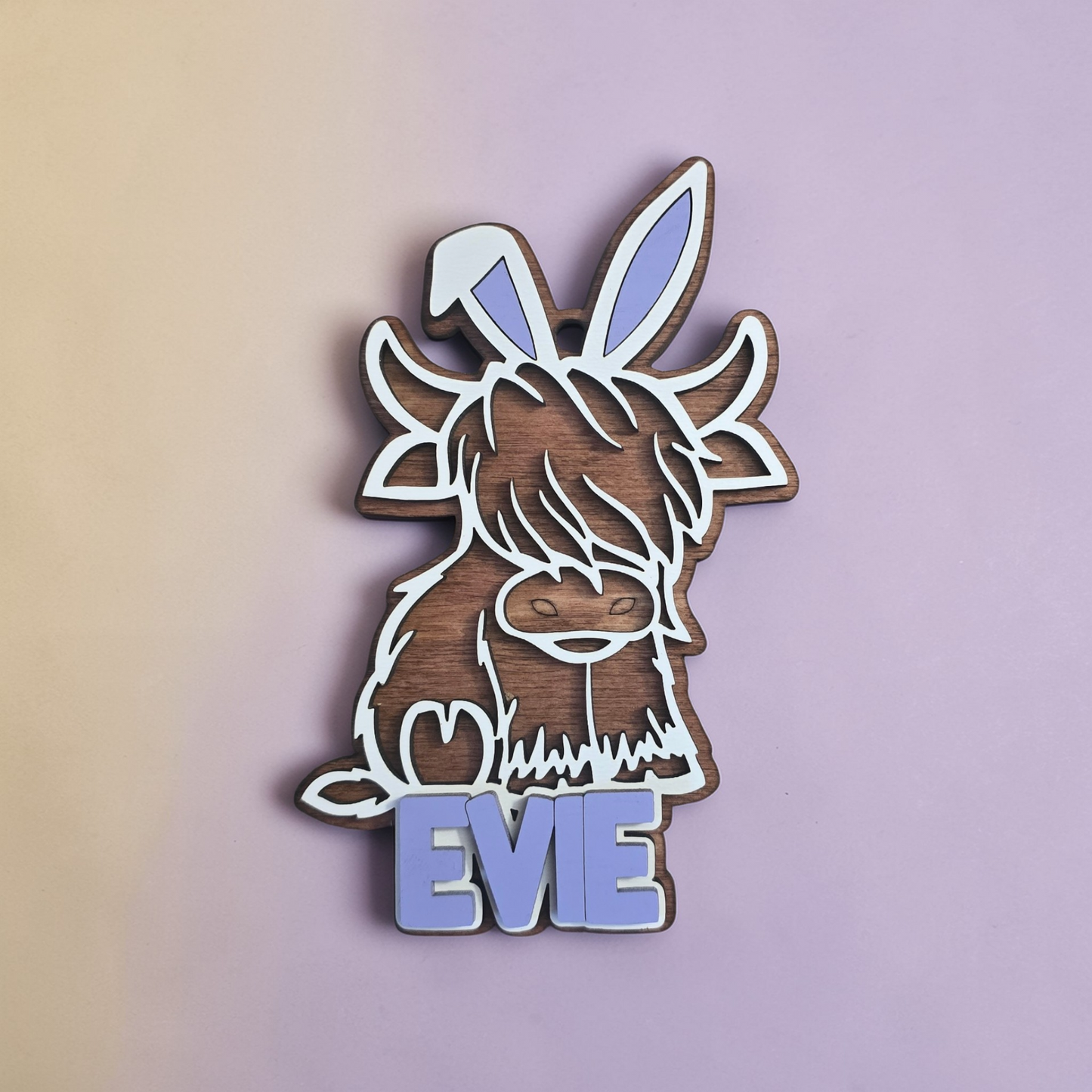 Highland Cow Easter Bunny basket tag ornament personalized