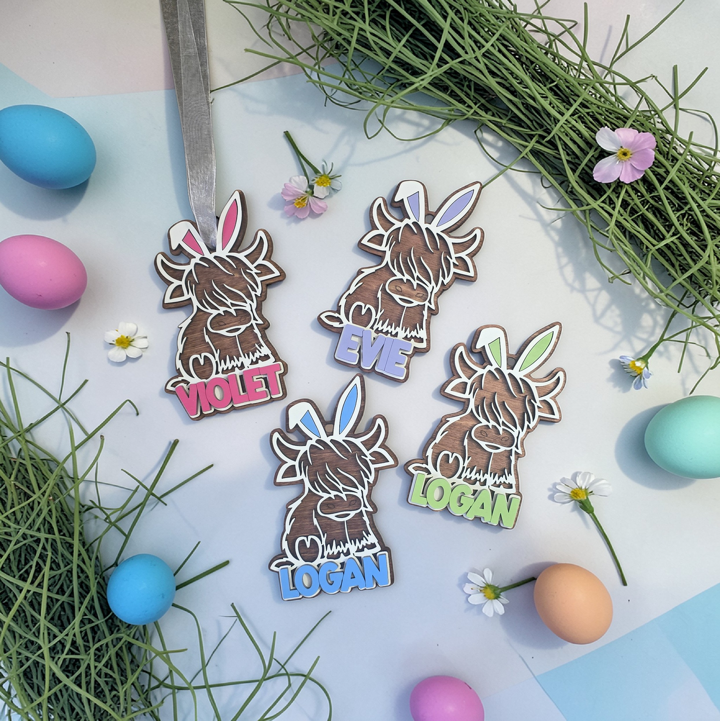 Highland Cow Easter Bunny basket tag ornament personalized