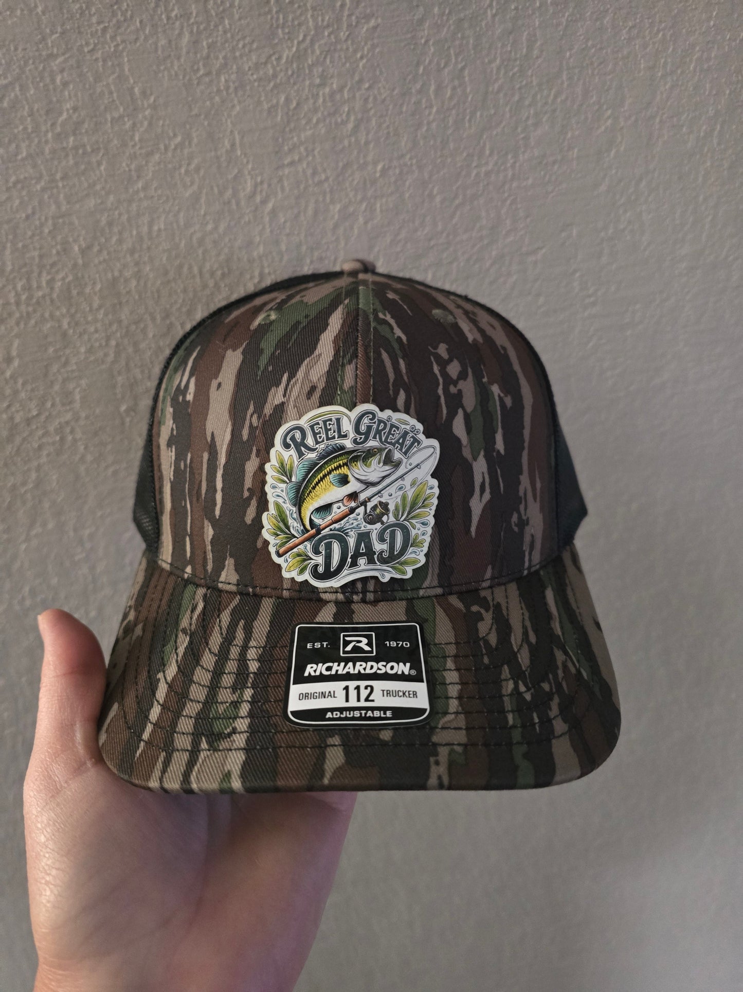 UV printed patch Reel cool Dad or Reel Great Dad fish Real Tree Camo or gray/black Richardson 112 Hat