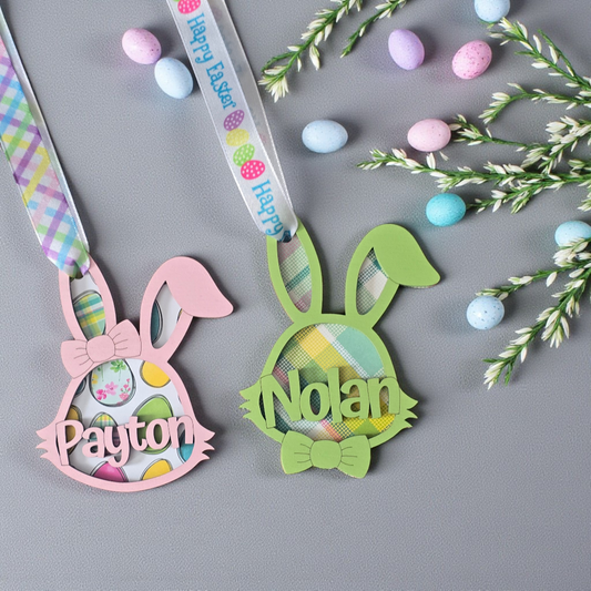 Speciality background Easter Bunny Basket Tags Bowtie, Flower or Bow Personalized