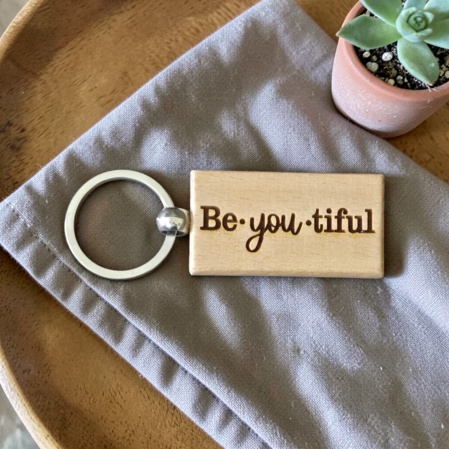 Be•you•tiful double sided wooden keychain