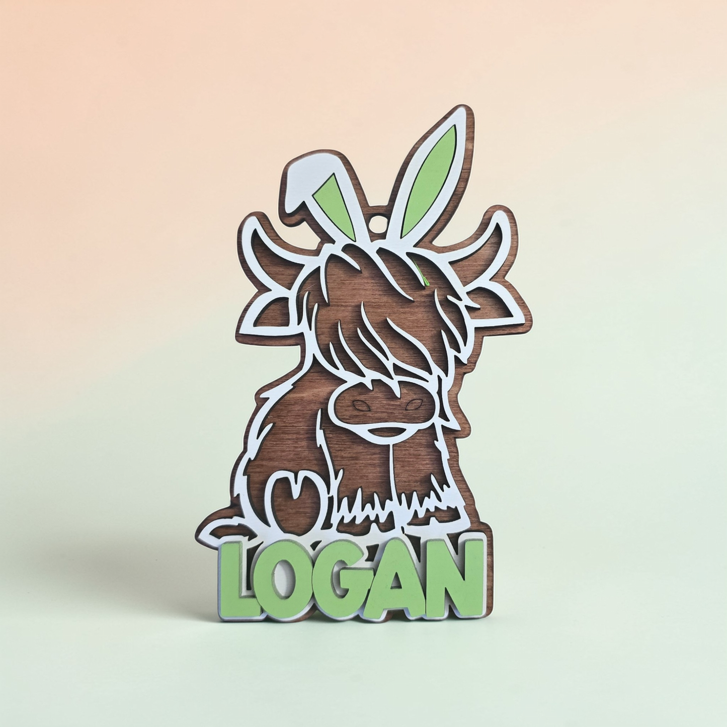 Highland Cow Easter Bunny basket tag ornament personalized