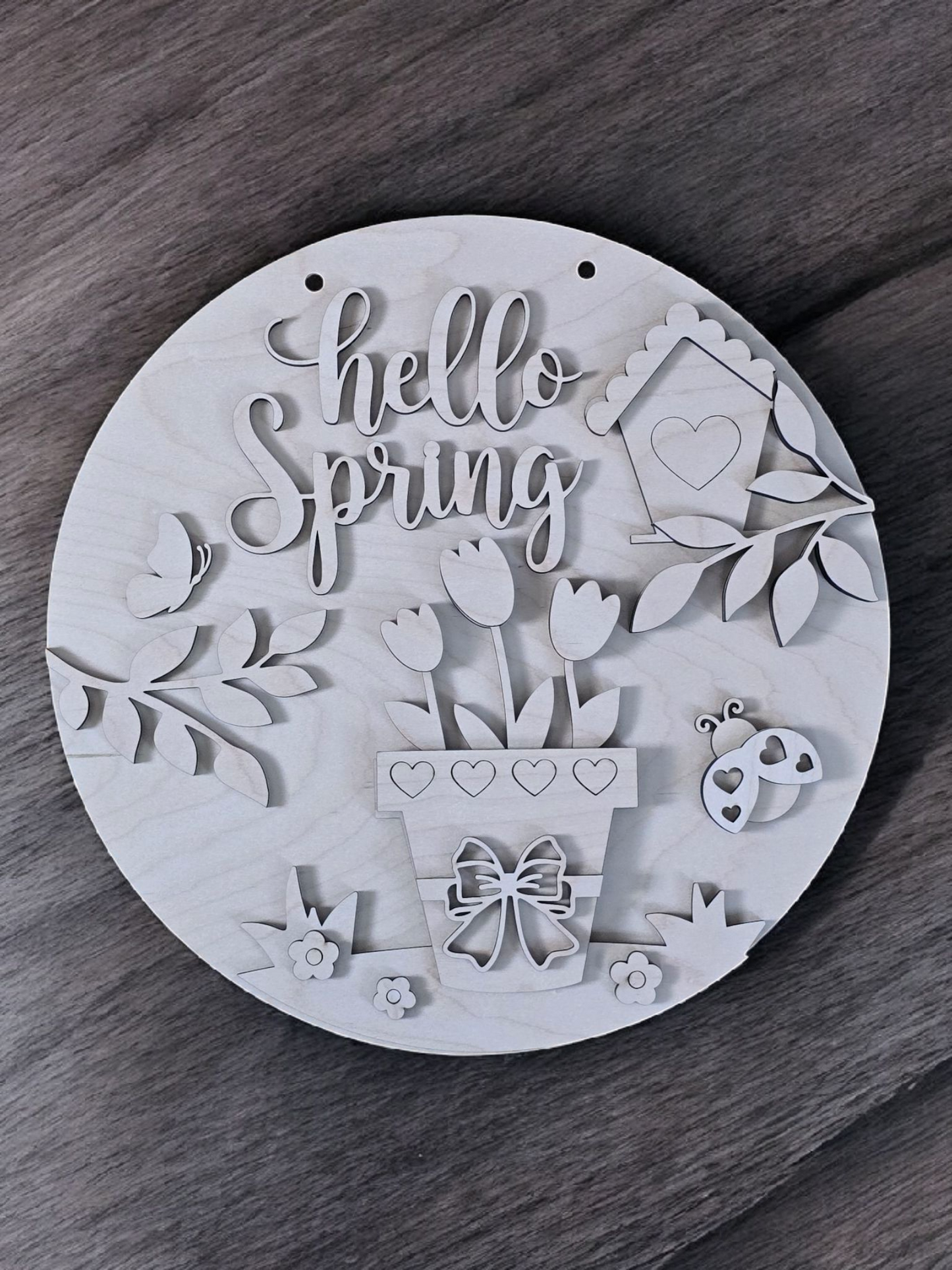 SALE Hello Spring with flower pot and bird house 15" DIY Sign door hanger
