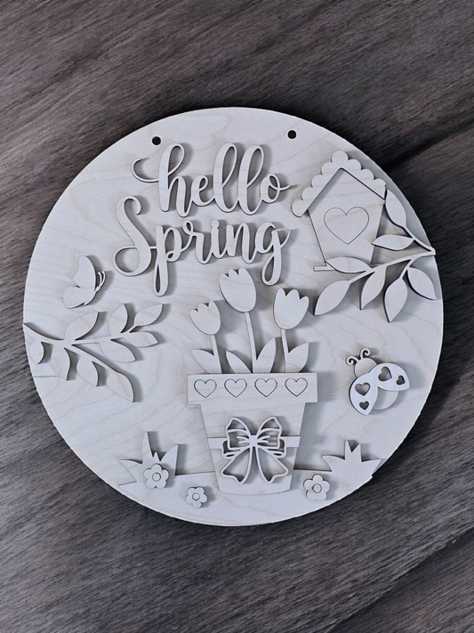 SALE Hello Spring with flower pot and bird house 15" DIY Sign door hanger